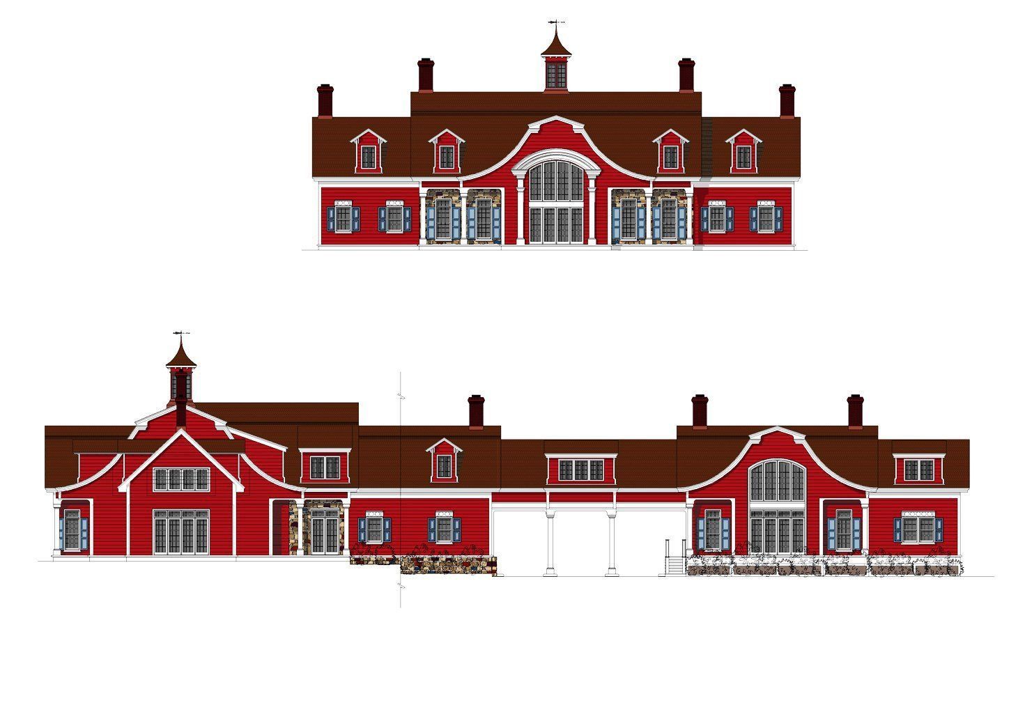 A drawing of a red building with a brown roof