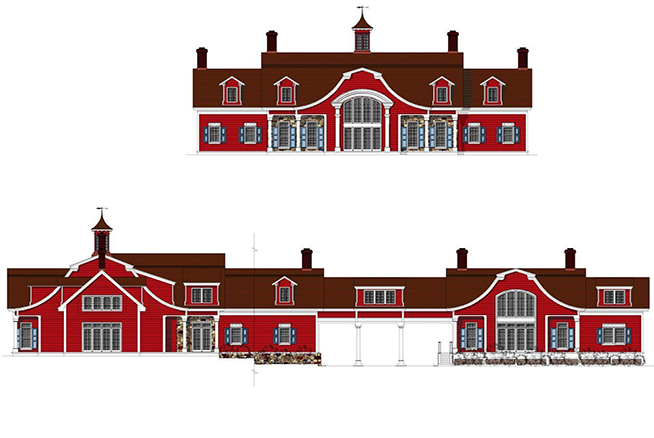 A drawing of a red building with a brown roof