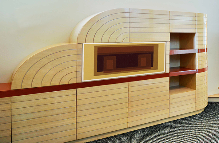 A wooden cabinet with a tv on top of it