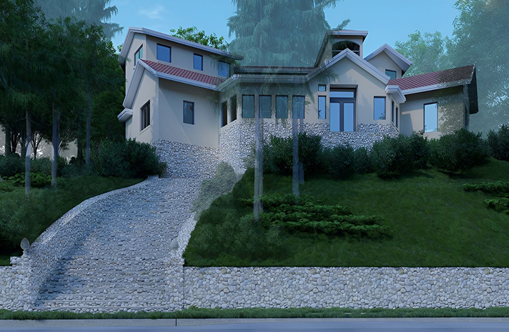 A large house with a gravel driveway leading up to it