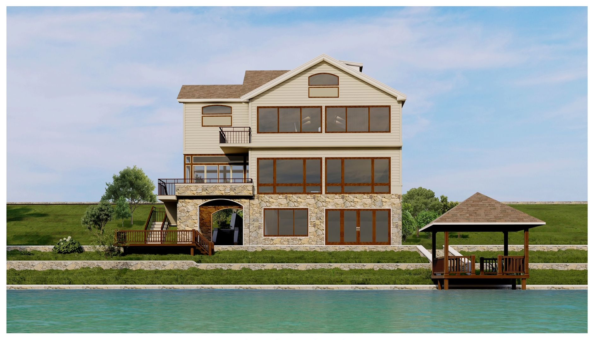 A large house with a large swimming pool in front of it