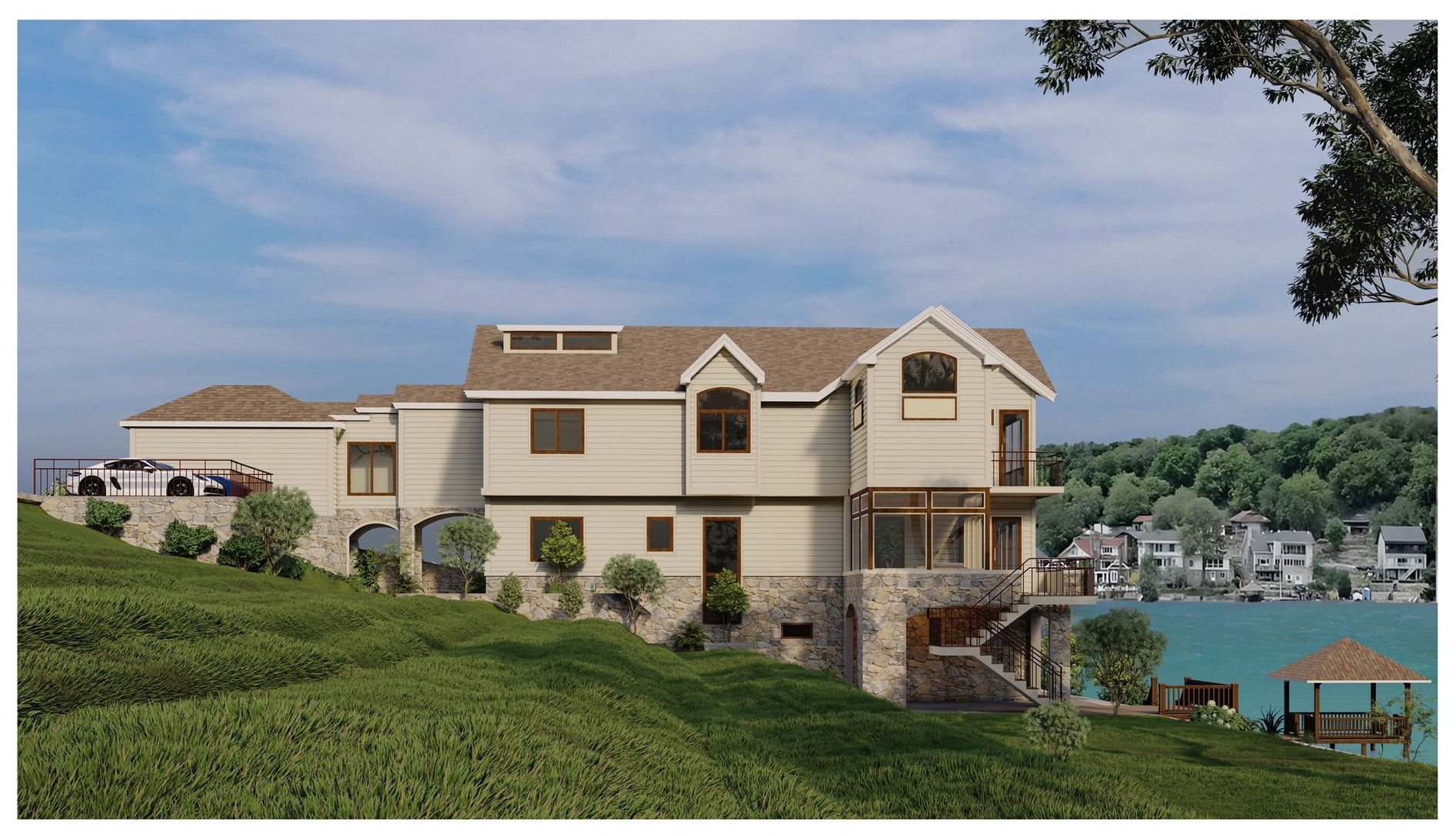 A large yellow house with black shutters is surrounded by trees