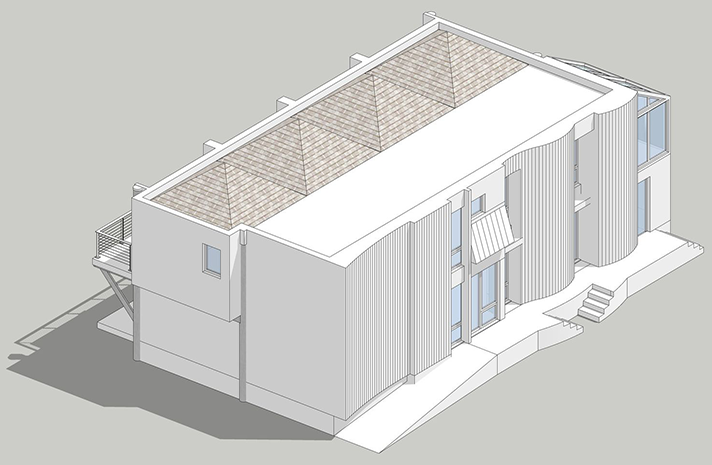 An isometric view of a building with a ramp and stairs.