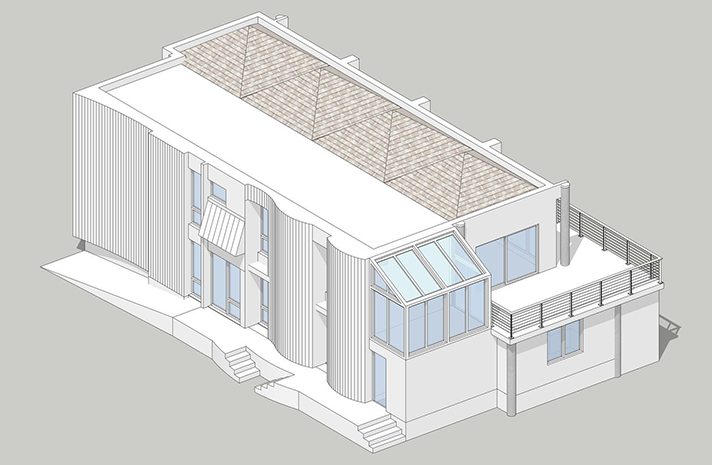 An isometric view of a large white building with a green roof.