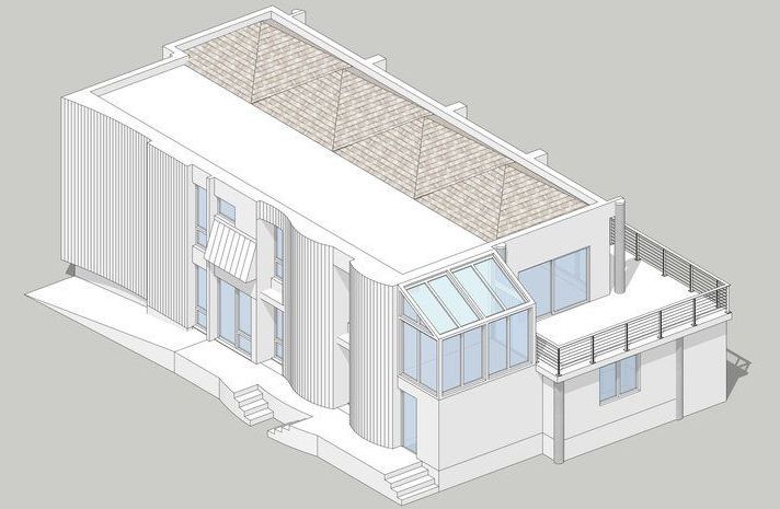 An isometric view of a white building with a roof.