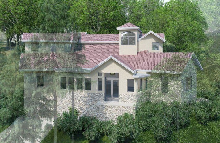 A large house with a red tile roof is surrounded by trees.
