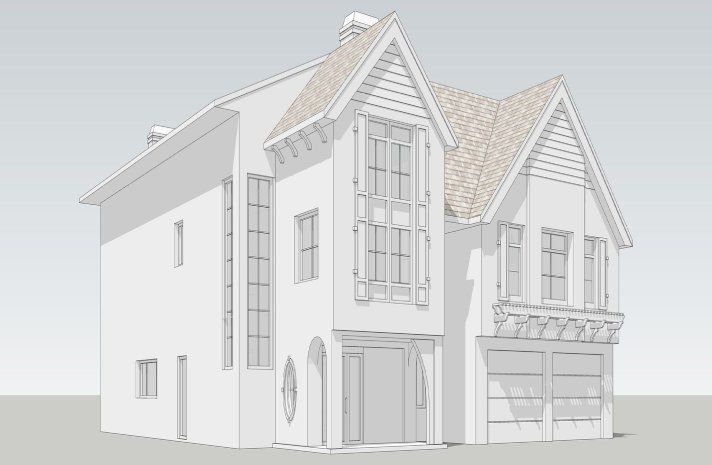 A 3d model of a house with a roof and a garage.