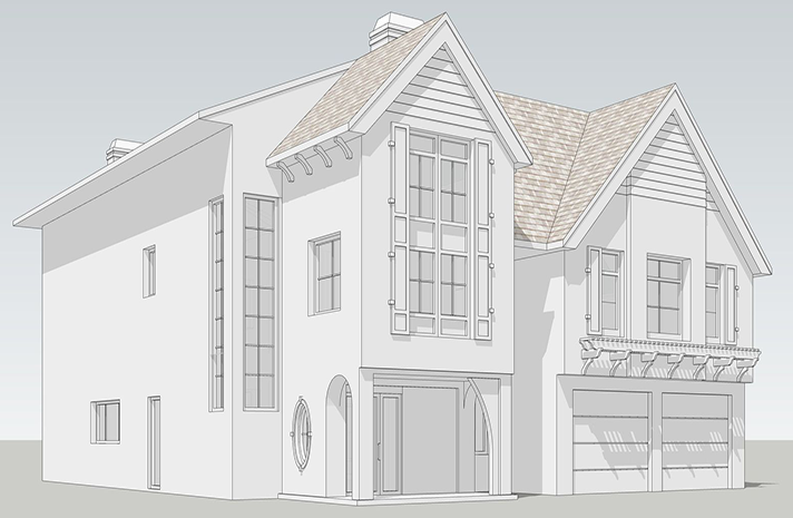 A 3d model of a white house with a brown roof.