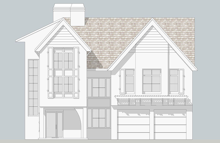 A black and white drawing of a house with a brick roof.