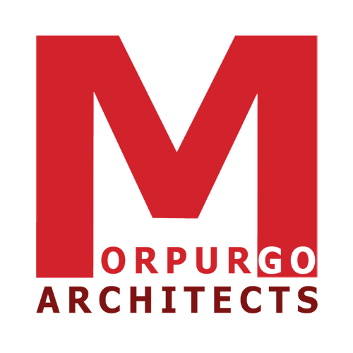 The logo for orpurgo architects is red and white