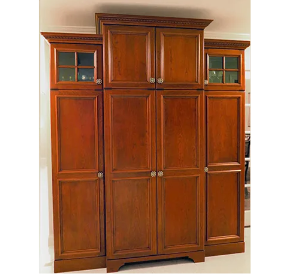 A large wooden cabinet with a glass door