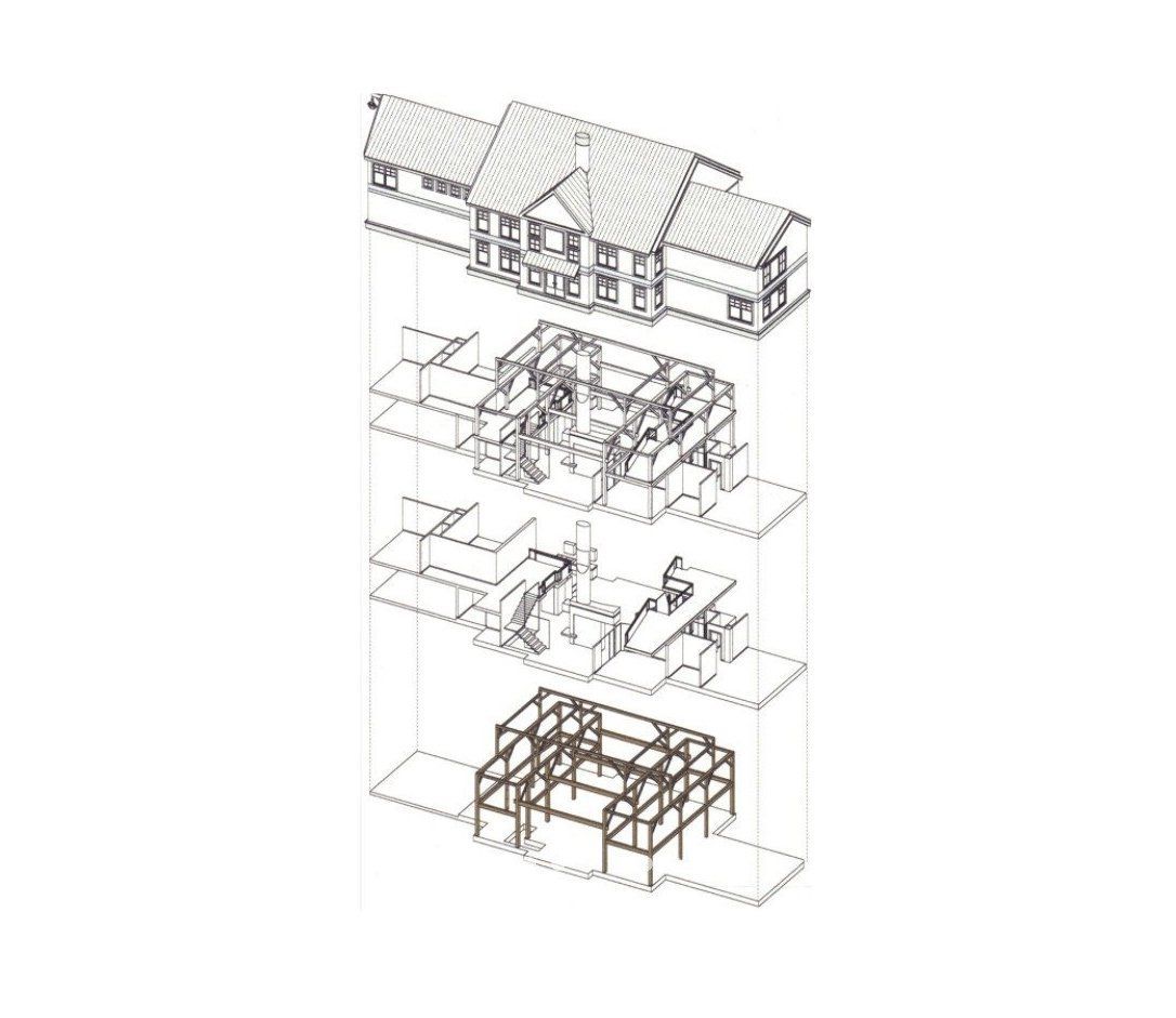 A black and white drawing of a house being built.