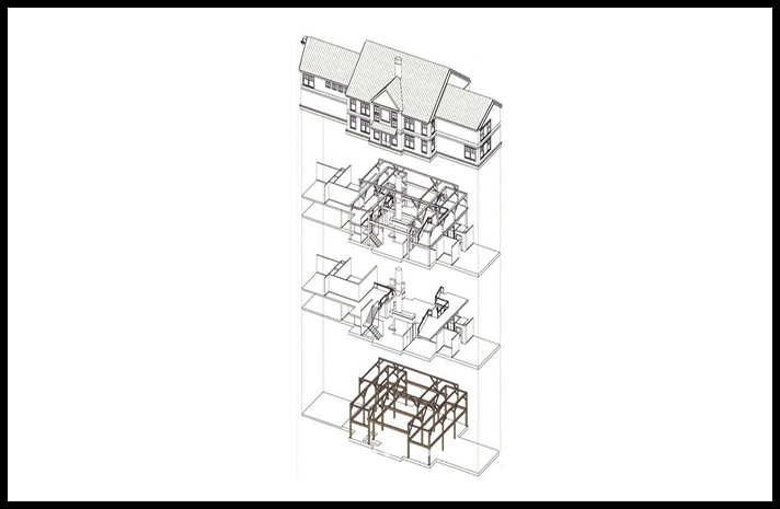 A black and white drawing of a house being built.