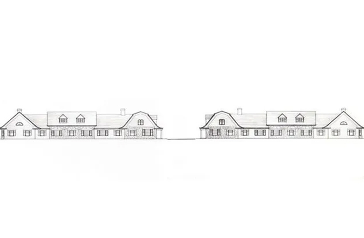 A black and white drawing of a row of houses on a white background.