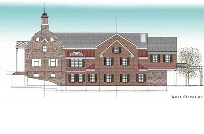 A drawing of a large brick building with a chimney on top.