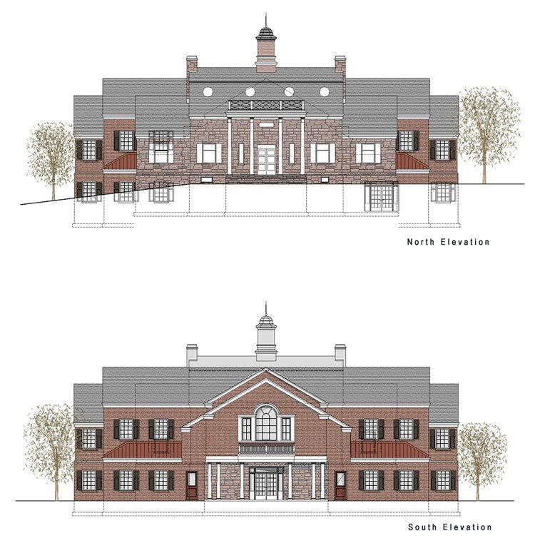 A drawing of a brick building shows the north and south elevations