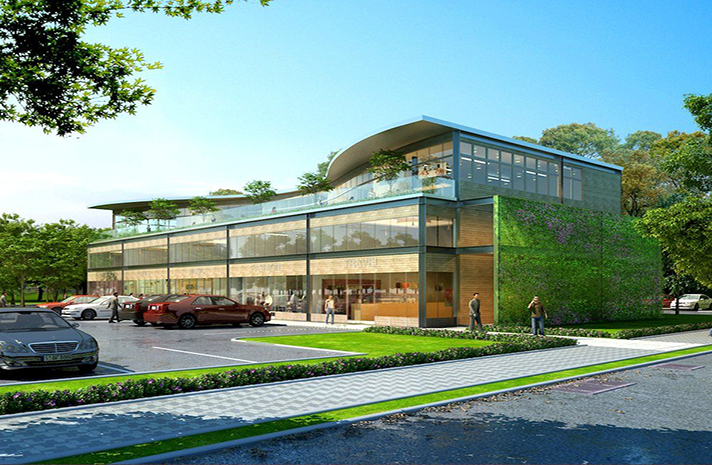 An artist 's impression of a building with a green wall and cars parked in front of it.