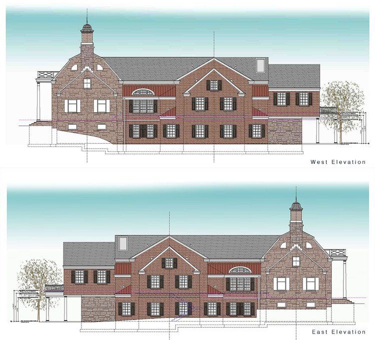 A drawing of a brick building showing the west and east elevations