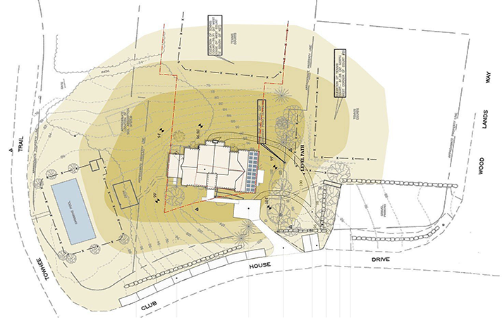 An aerial view of a house with a pool