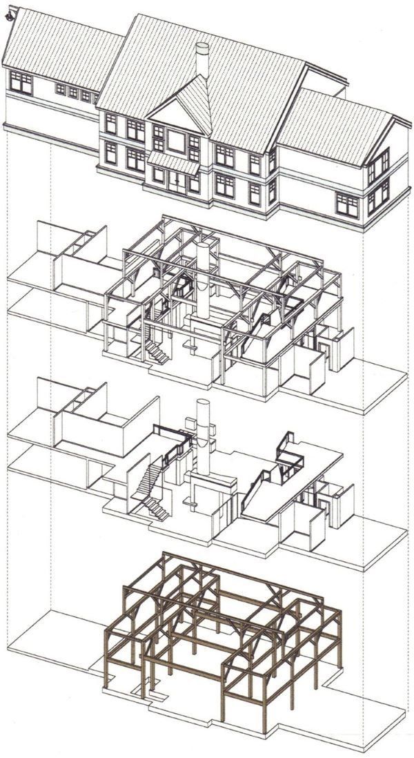 A black and white drawing of a building being built.