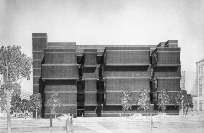 A black and white drawing of a large building