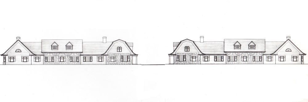 A black and white drawing of a row of houses on a white background.