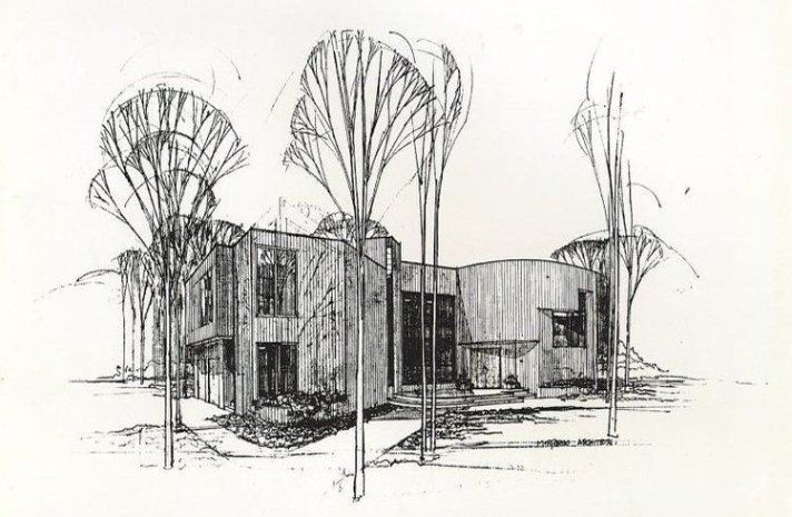 A black and white drawing of a house with trees in front of it