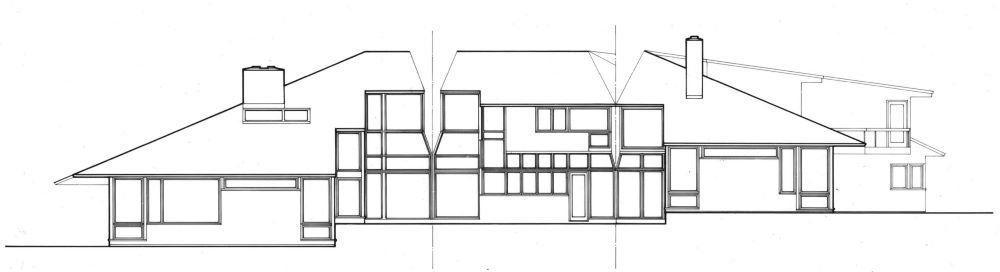 A black and white drawing of a house on a white background