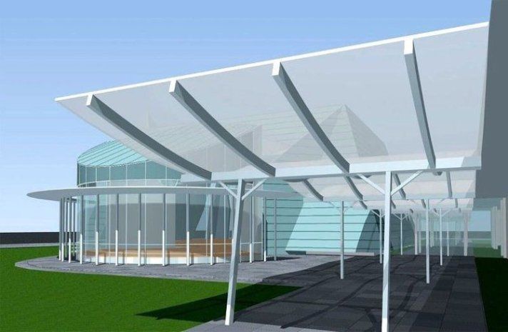 An artist 's impression of a building with a covered walkway