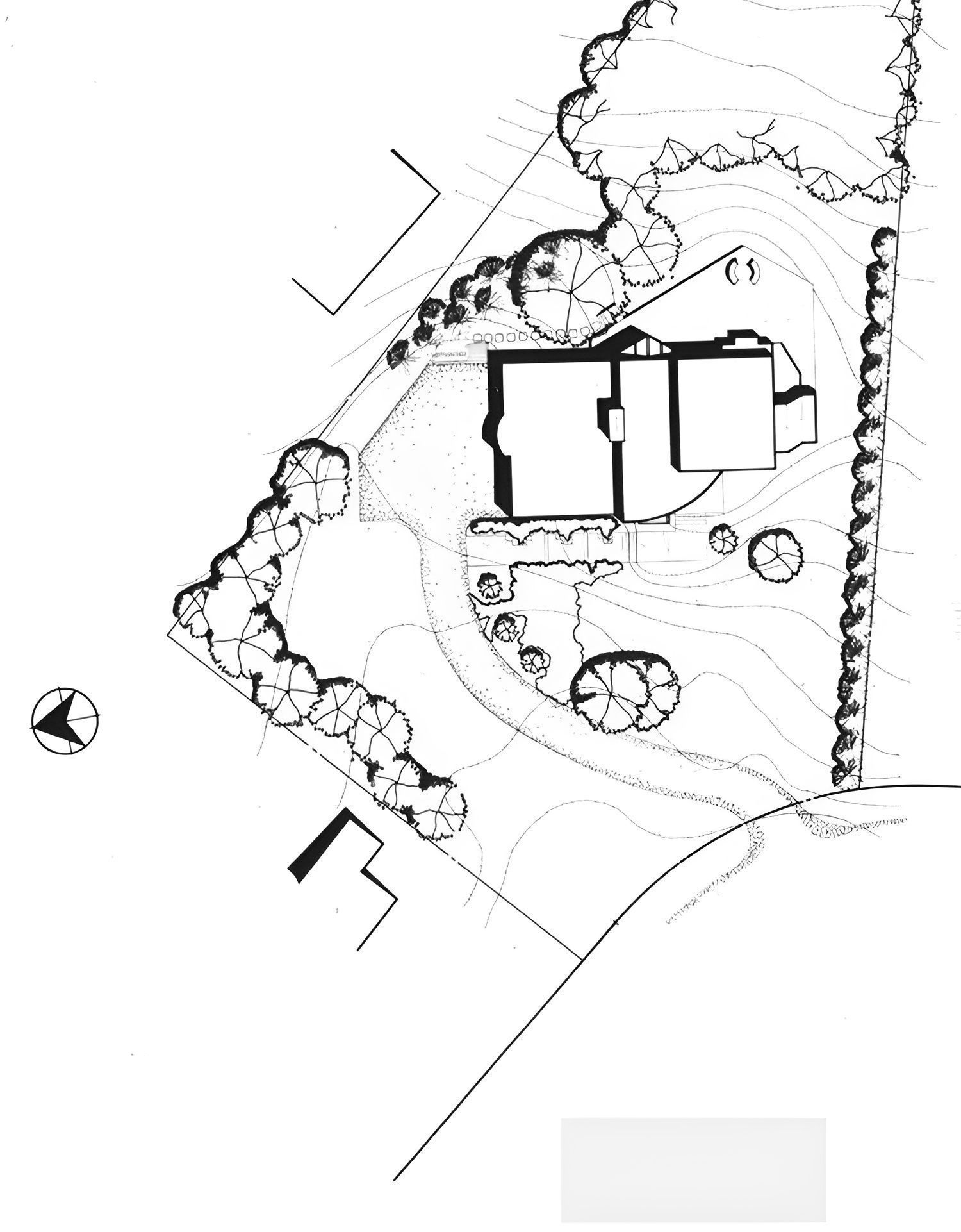 A black and white drawing of a house surrounded by trees and bushes.
