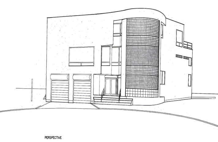 A black and white drawing of a modern house