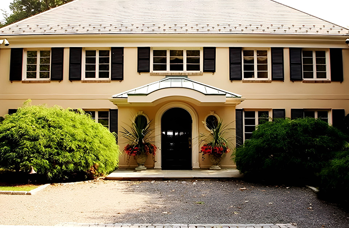 A large house with black shutters on the windows