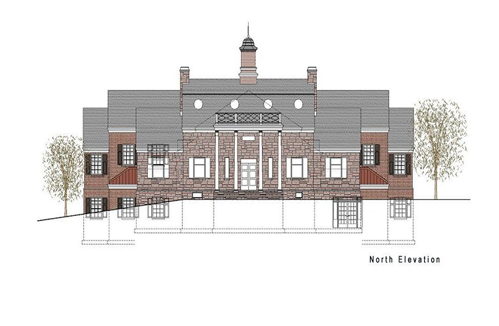 An architectural drawing of a large brick building