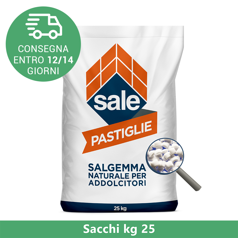 SALE IN PASTIGLIE SPECIFICO PER ADDOLCITORI. Salgemma naturale ad elevato tenore di NaCl. Specifico per addolcitori. Compattato in pastiglie per ottenere una dissoluzione lenta e costante prodotte senza alcun trattamento chimico e con ridotto impatto ambientale. Riduce i consumi e preserva la durata e l'efficacia delle resine dell'addolcitore. TEMPISTICHE DI CONSEGNA STIMATE: 12/14 GIORNI LAVORATIVI DALLA RICEZIONE DEL PAGAMENTO.