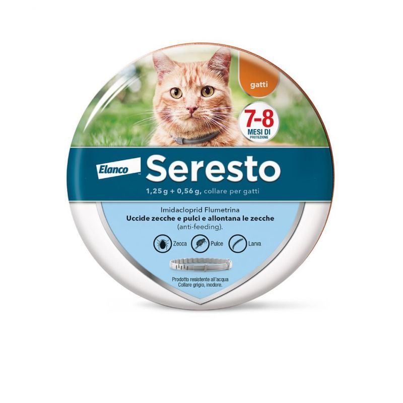 Mod. SERESTO Protegge il gatto contro pulci e zecche fino a 8 mesi. Agisce anche repellendo le zecche prima che possano pungere, cosa che facilita la protezione dellanimale contro le malattie trasmesse da questi parassiti. Protegge lambiente circostante, dopo lapplicazione sullanimale, dallo sviluppo di larve di pulce per 10 settimane. Attivo contro larve, ninfe e zecche adulte. Il lavaggio mensile con shampoo o limmersione in acqua non riducono in maniera significativa lattivit di protezione. Per gatti meno di 8 kg