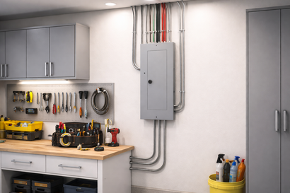 Workshop with gray cabinets, workbench, tools, and a wall-mounted electrical panel with exposed wiring.
