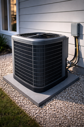 Outdoor air conditioning unit beside a house wall on a gravel bed