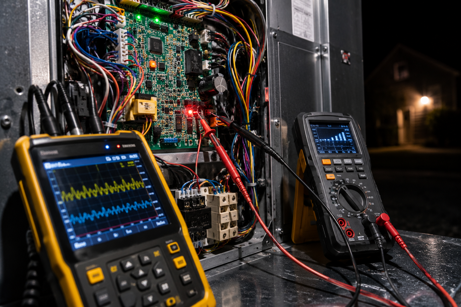 Two digital multimeters probing a circuit board with tangled wires in an electronics lab setup