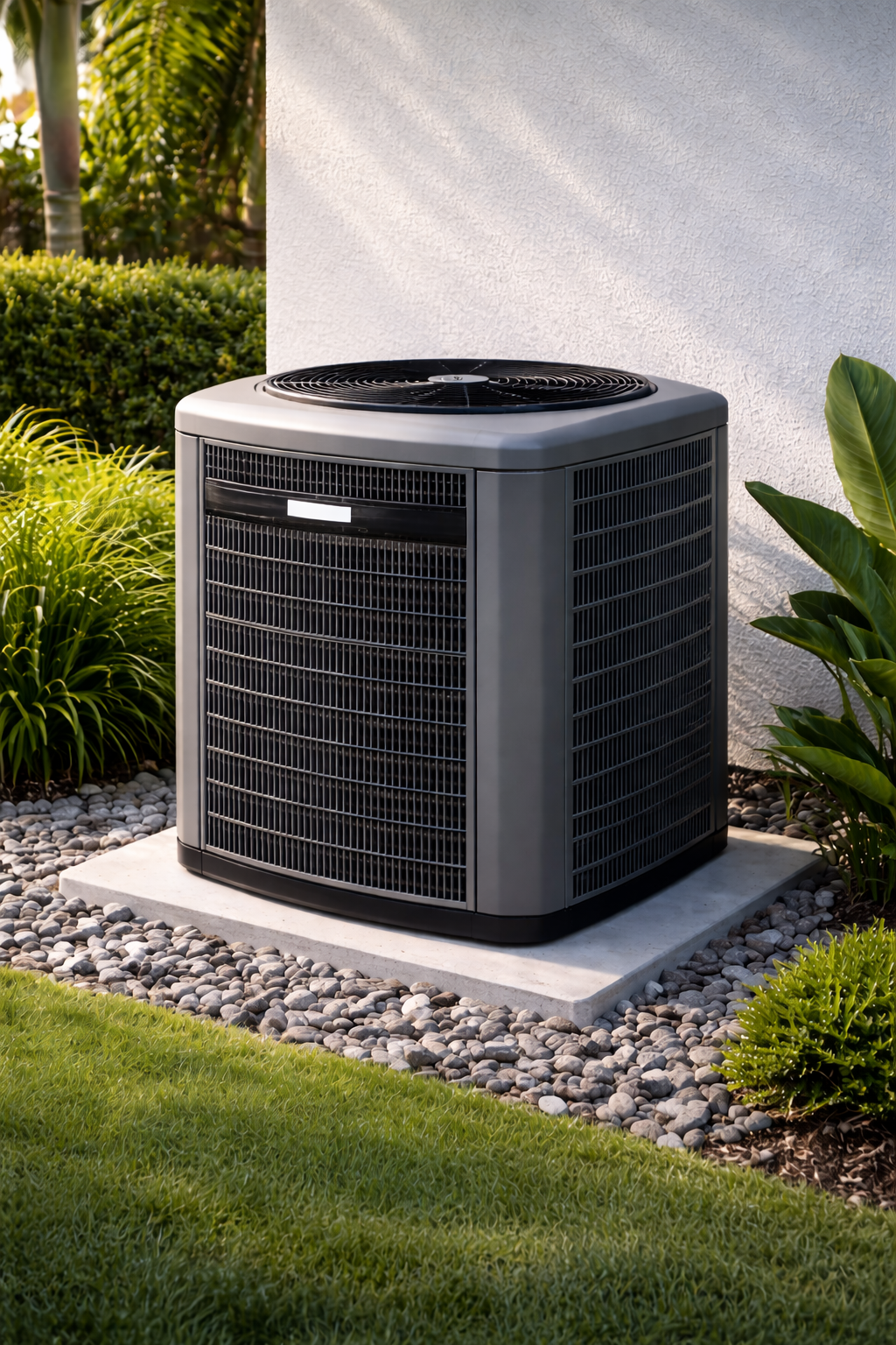 Gray outdoor HVAC unit beside a white house wall in a landscaped yard