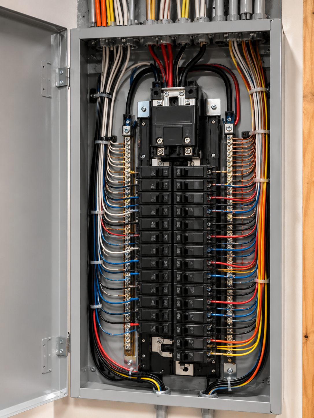 Open electrical breaker panel with rows of circuit breakers and colorful wiring inside a gray metal cabinet
