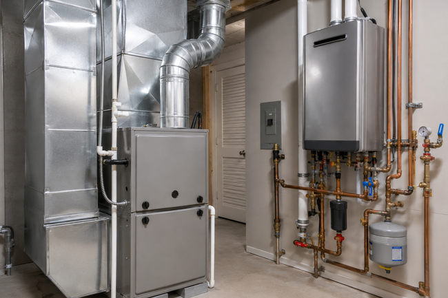 Basement utility room with HVAC furnace, water heater, and exposed pipes along the wall