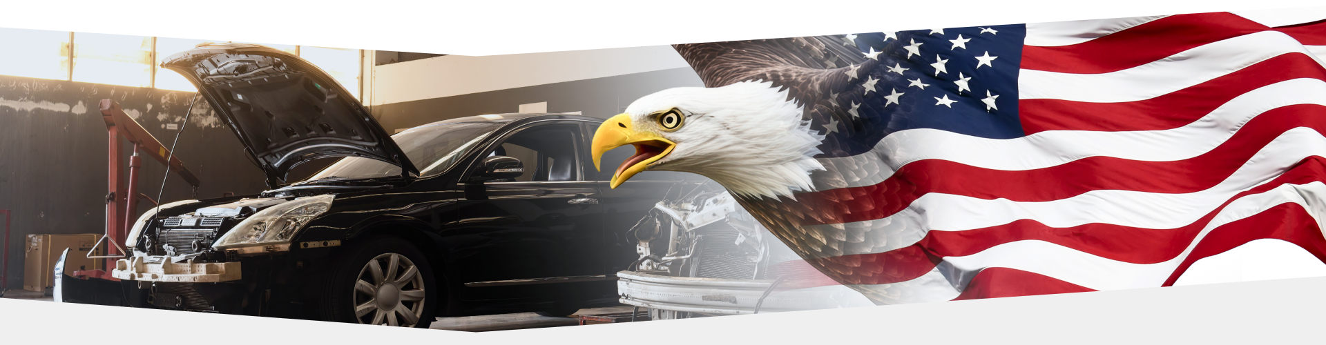 Black sports car with open hood in front of a waving American flag and the U.S. Capitol dome