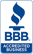 BBB Accredited Business logo in blue and white with torch icon