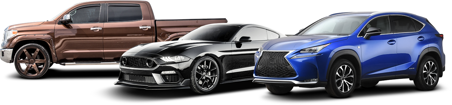 Three cars—brown pickup, black sports coupe, and blue SUV—lined up on white background