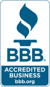 A blue and white logo for a better business bureau accredited business.