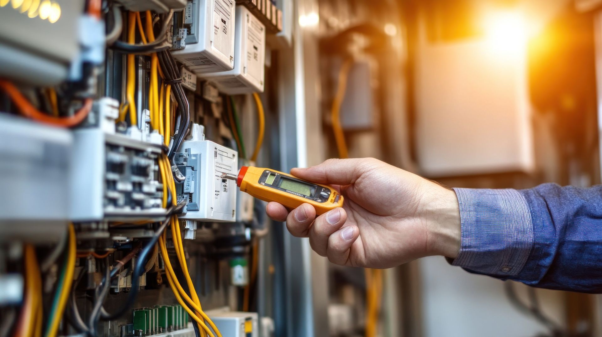 Electrician repairing home wiring and outlet during a residential project.
