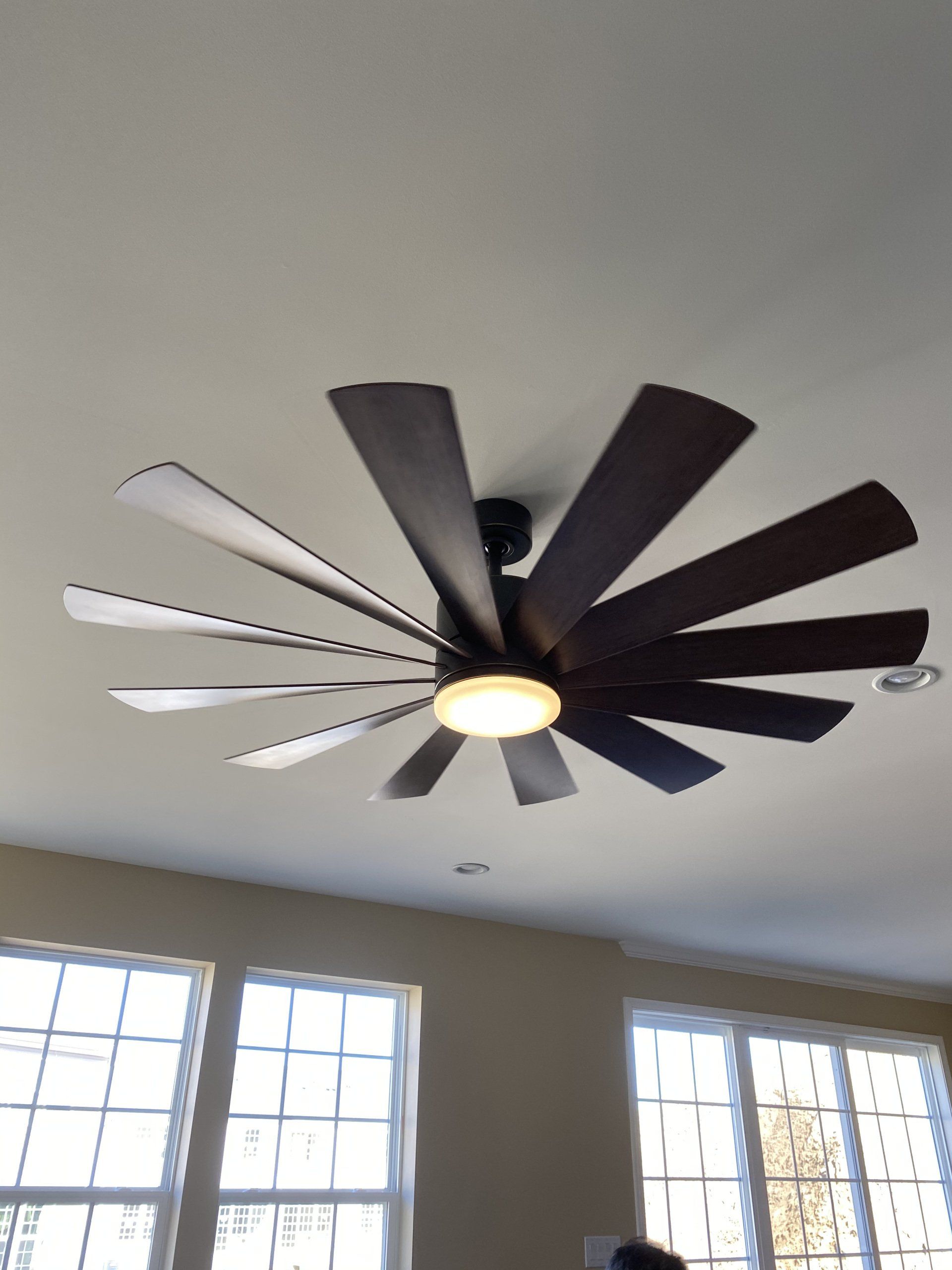 Ceiling fan with dark wood blades and a central light fixture, mounted on a white ceiling.