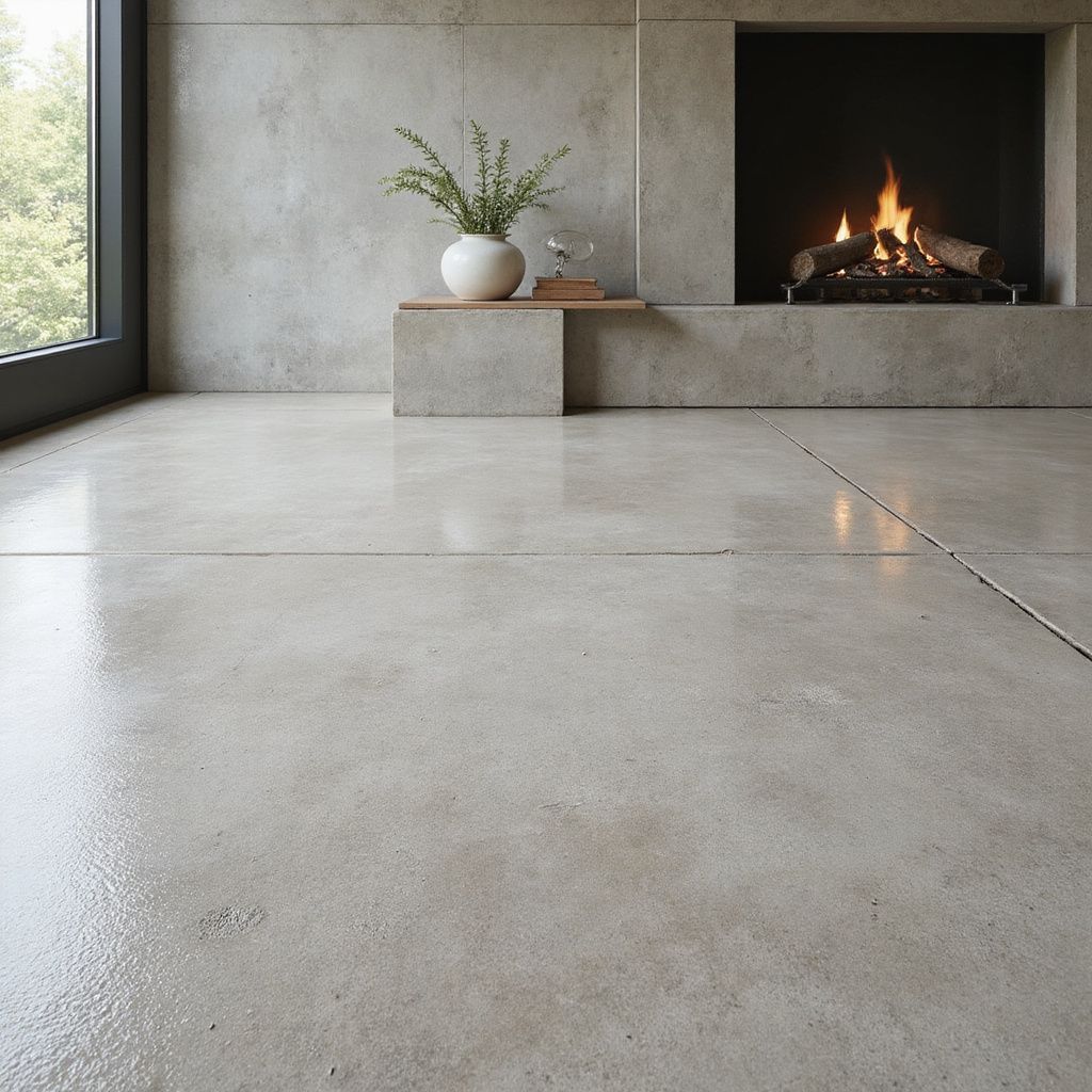 Polished concrete floor in a modern living room with a fireplace and vase on a table.