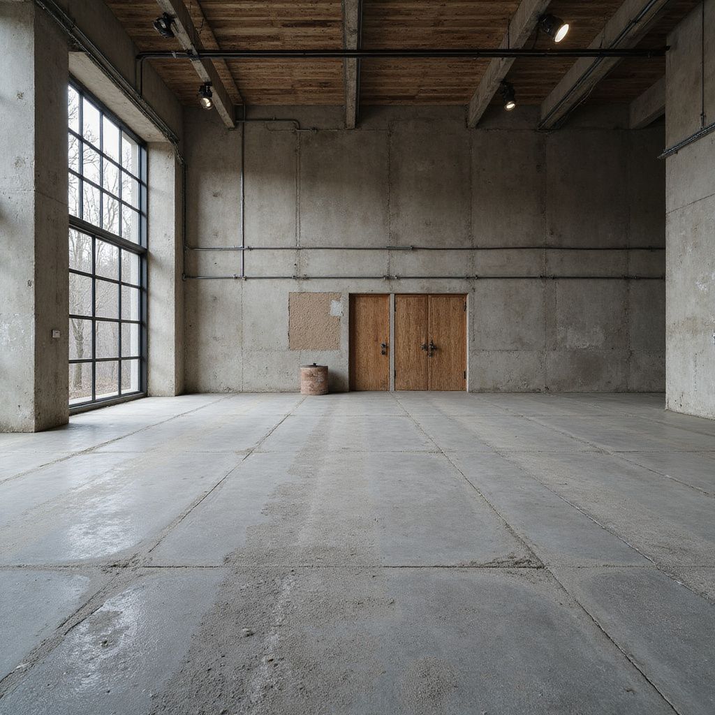 Empty concrete interior with large window and wooden door.