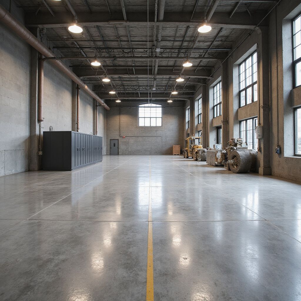 Empty industrial warehouse with concrete floor and high ceilings; a yellow line runs down the center.